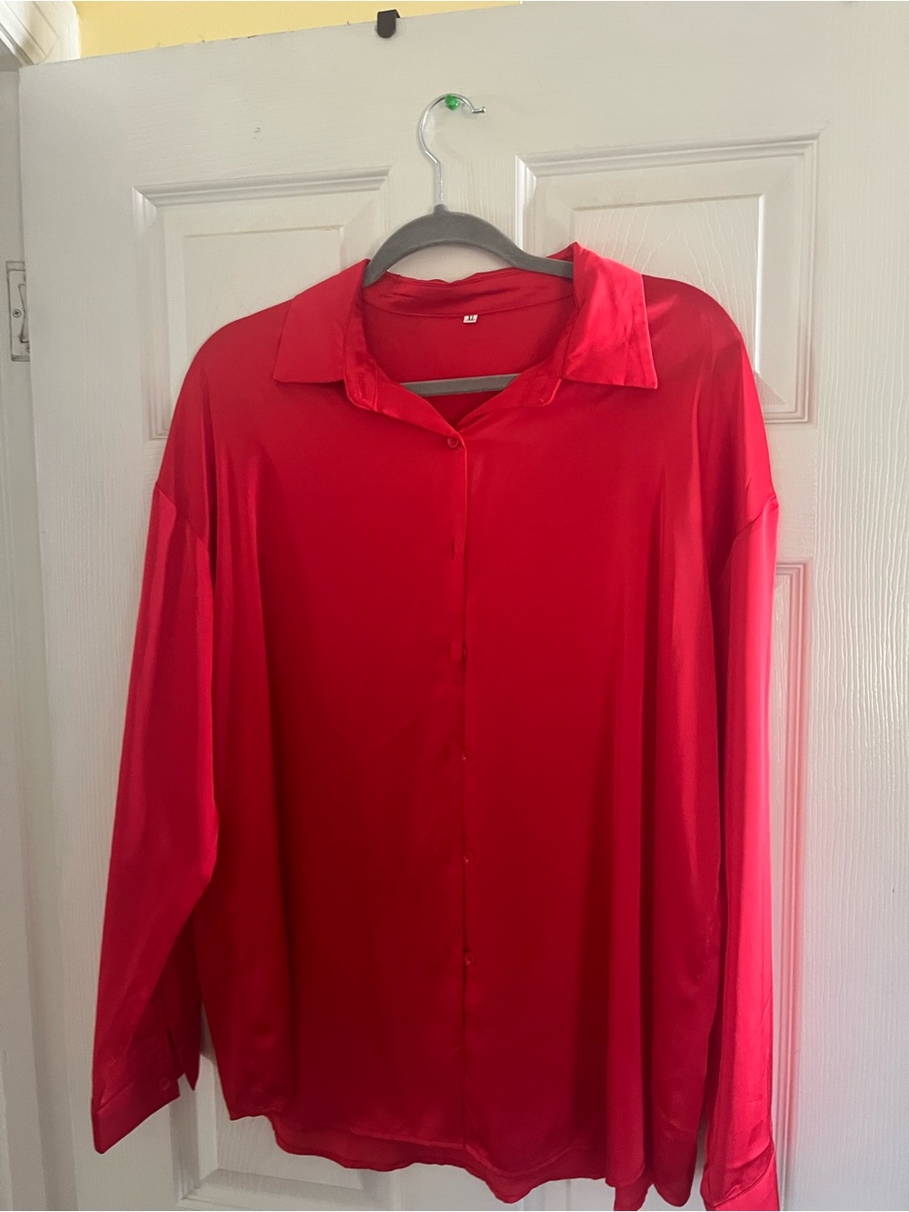 Bright Red Button-Up Satin Blouse